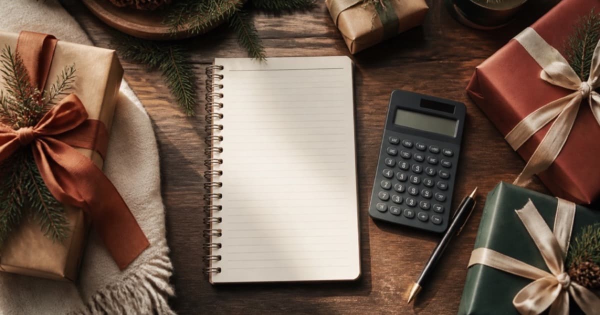 Wrapped Christmas presents beside a notebook, calculator and pen on a wooden table